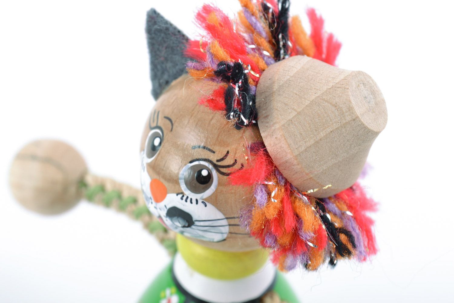 Beautiful painted handmade wooden eco toy Cat in ethnic clothes for children photo 3