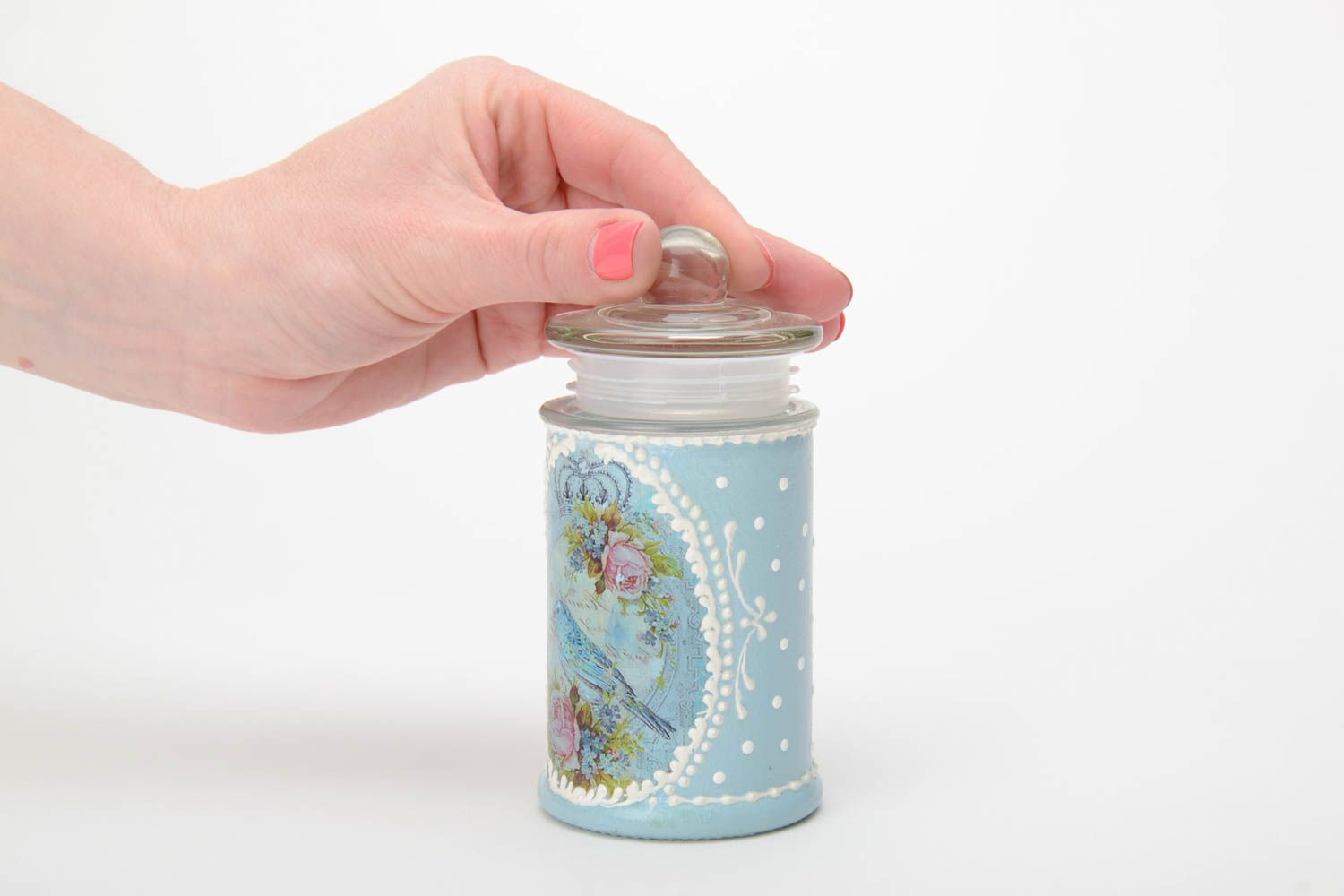 10 oz glass hand-painted jar décor in blue color with lid 0,45 lb photo 5