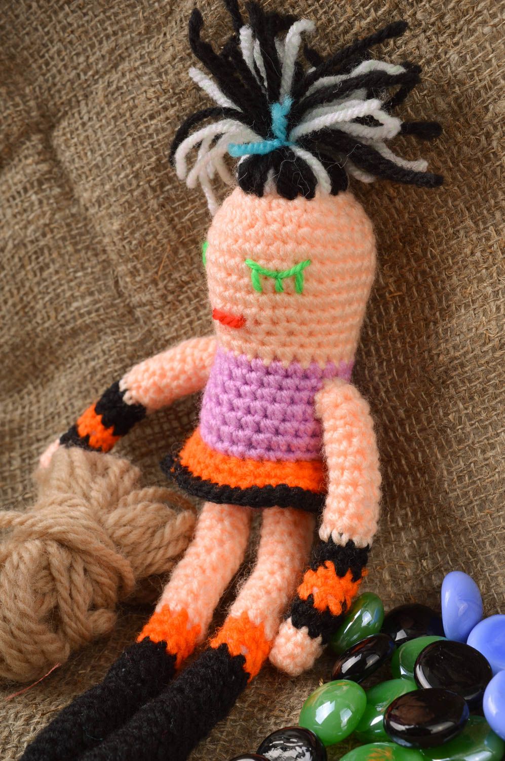 Handmade designer bright colorful crocheted soft toy doll Nika for children photo 1