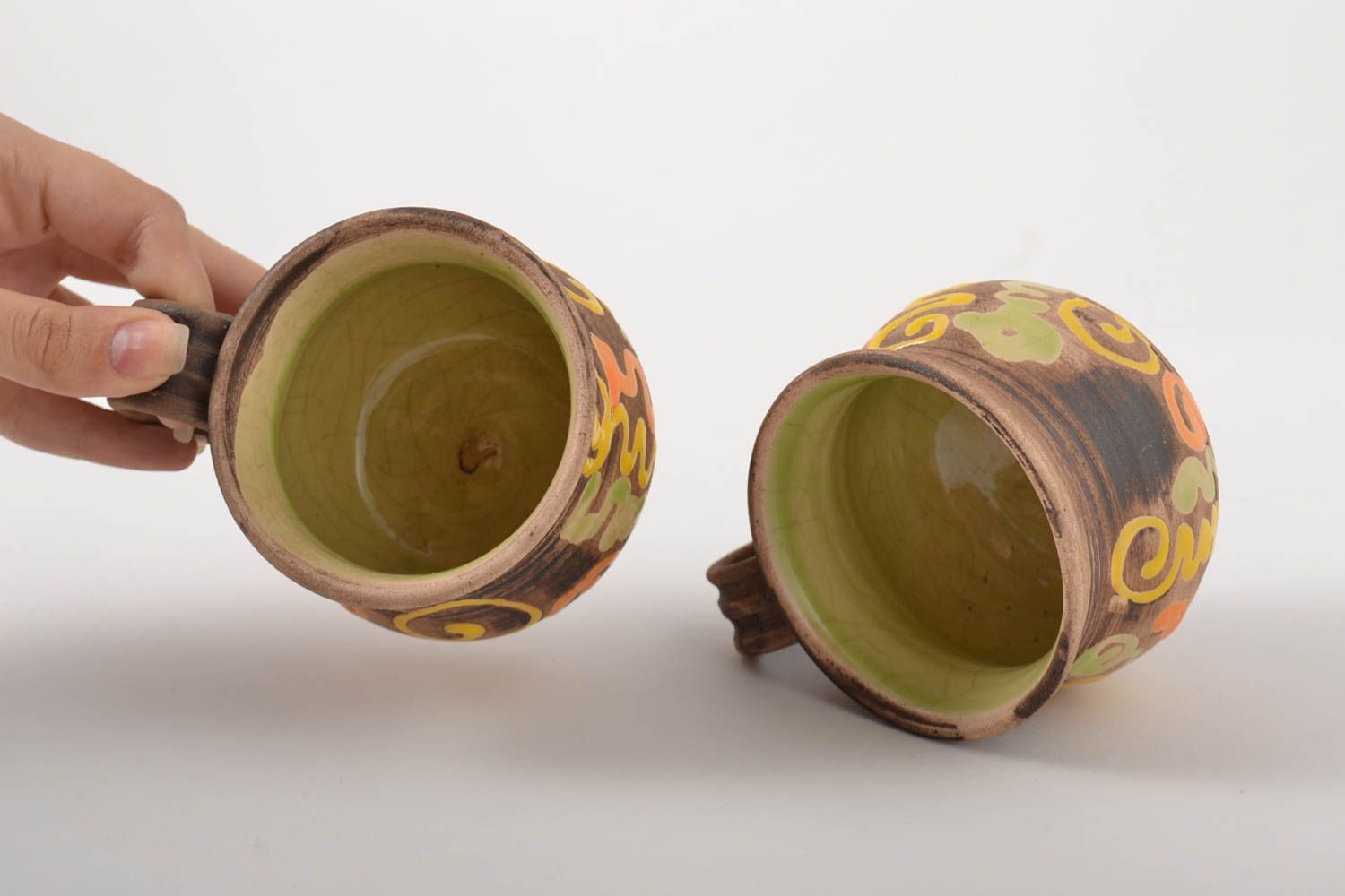 Set of 2two ceramic clay cups with light green glaze inside with handle and hand-painted pattern photo 5