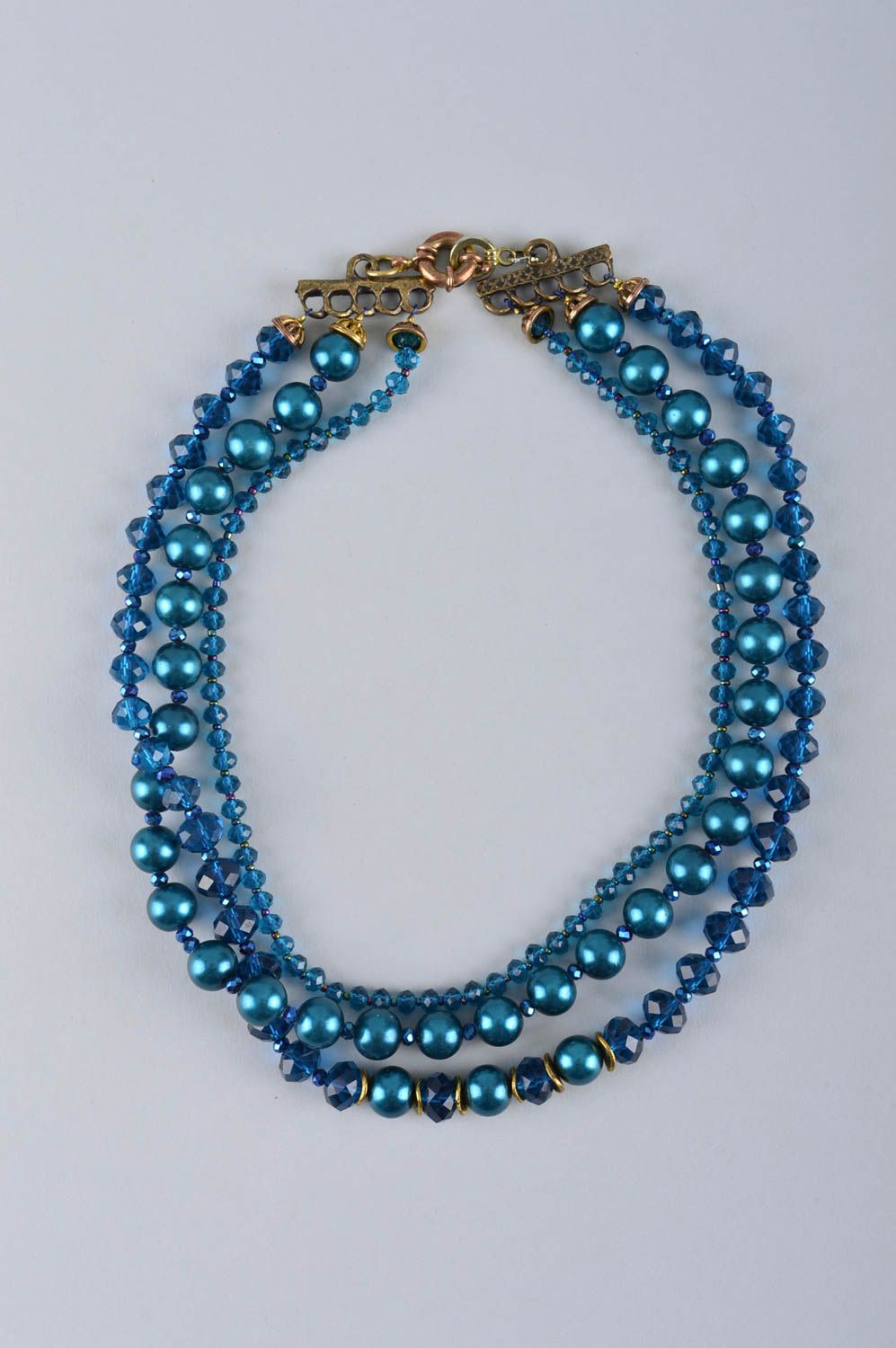Collier 3 rangs bleu Bijou fait main fausses perles cristaux laiton Cadeau femme photo 2