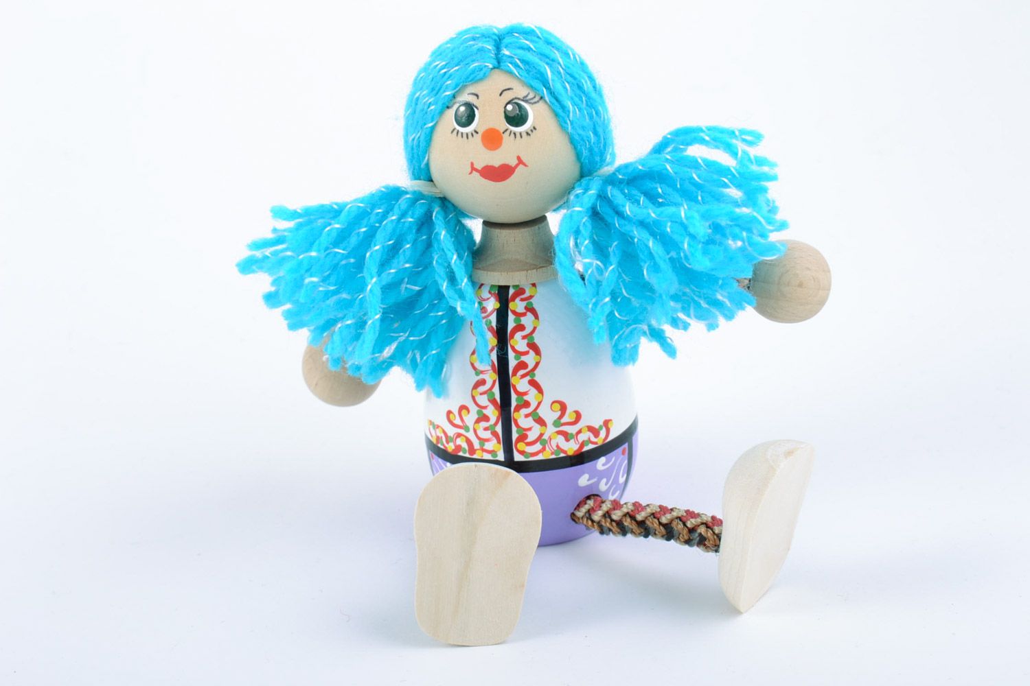 Bright painted homemade wooden eco toy girl with blue hair for little children photo 4