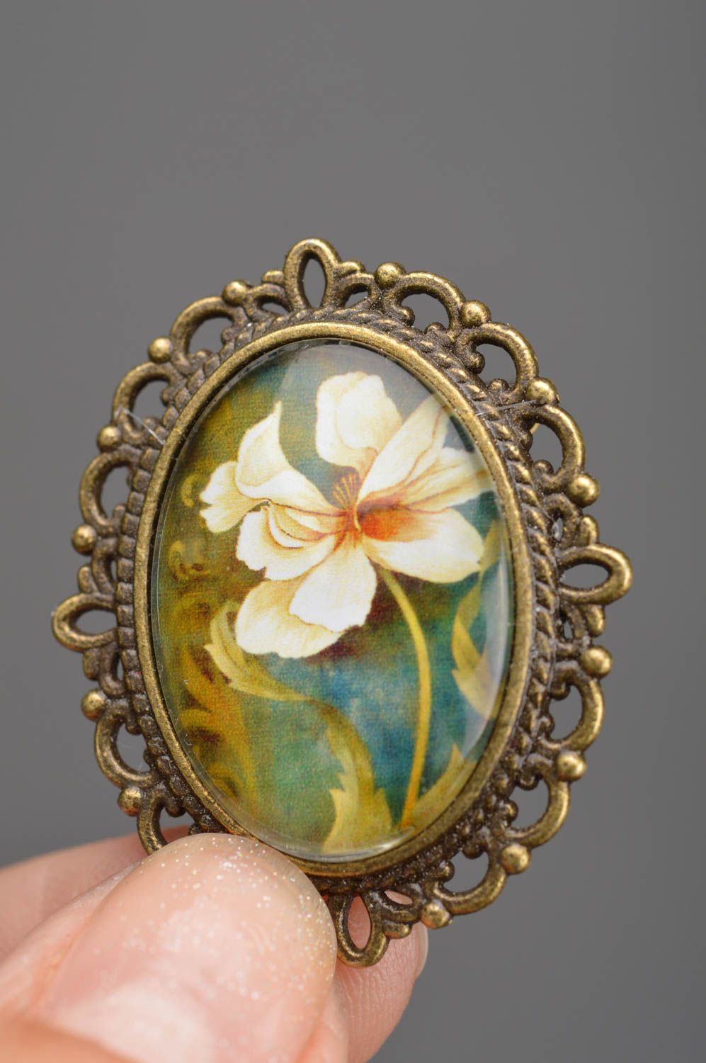 Beautiful stylish handmade designer metal brooch with cabochon Water Lily photo 3