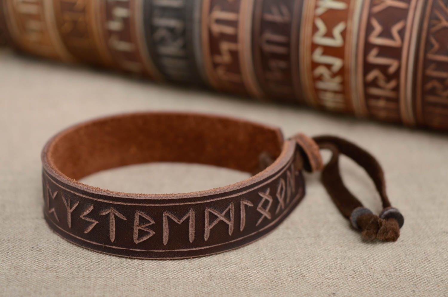 Brown leather bracelet with runes photo 2