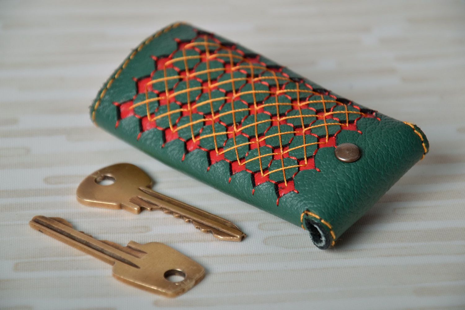 Étui portefeuille porte clés en cuir vert fait main photo 2