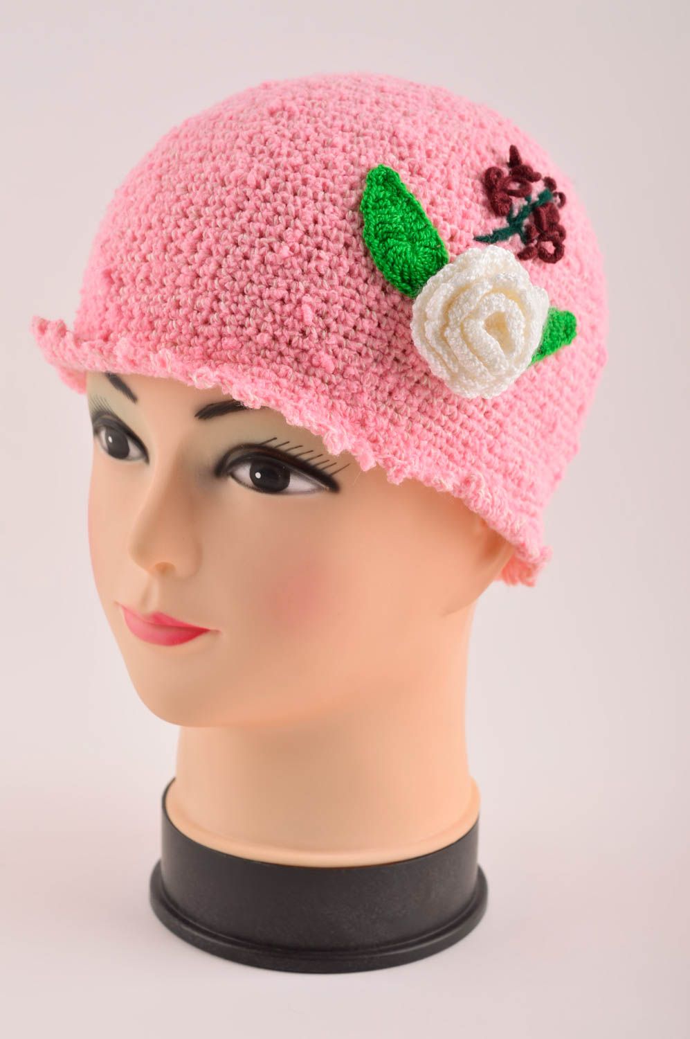 Bonnet enfant fait main Chapeau original Vêtement enfant fille rose tricot photo 2