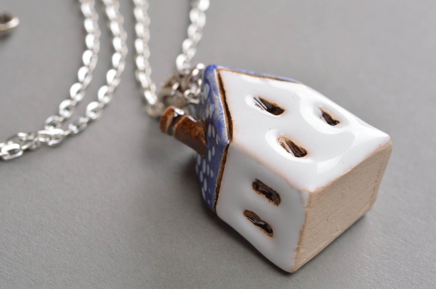Unusual handmade designer painted ceramic neck pendant in the shape of house on long chain photo 2