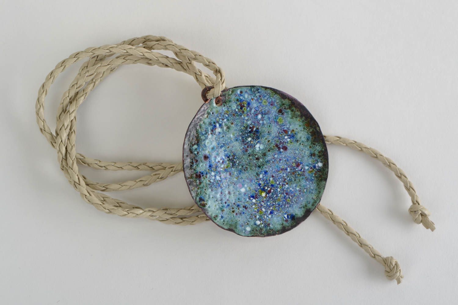 Handmade round copper pendant necklace with colorful enamel painting on cord photo 4