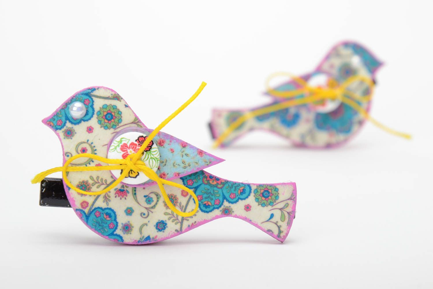 Set of beautiful handmade decoupage plywood hair clips for children 2 pieces Birds photo 4