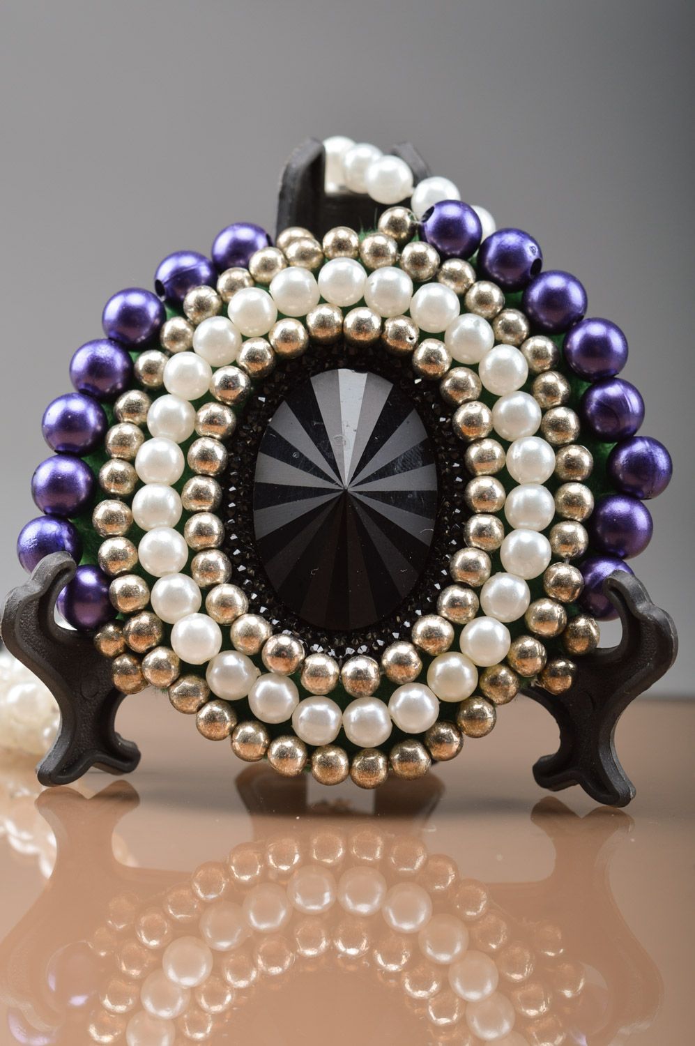 Handmade bead embroidered necklace with rhinestones on felt basis Mirror photo 4