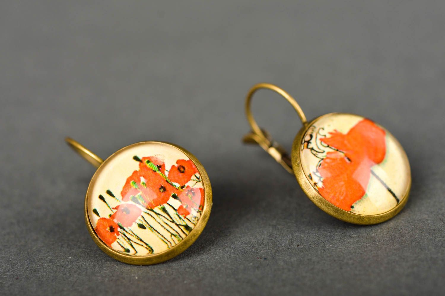 Designer earrings with print handmade jewelry cabochon earrings vintage jewelry photo 2