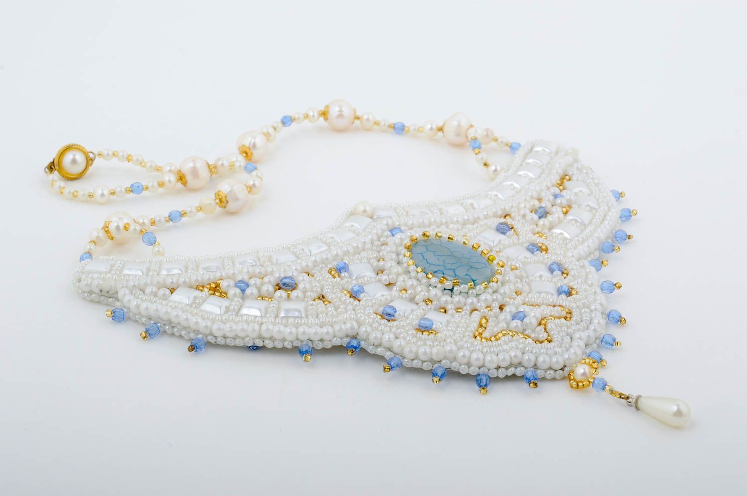 Collier Halskette handmade Glasperlen Schmuck Kette mit Anhänger blau weiß foto 3