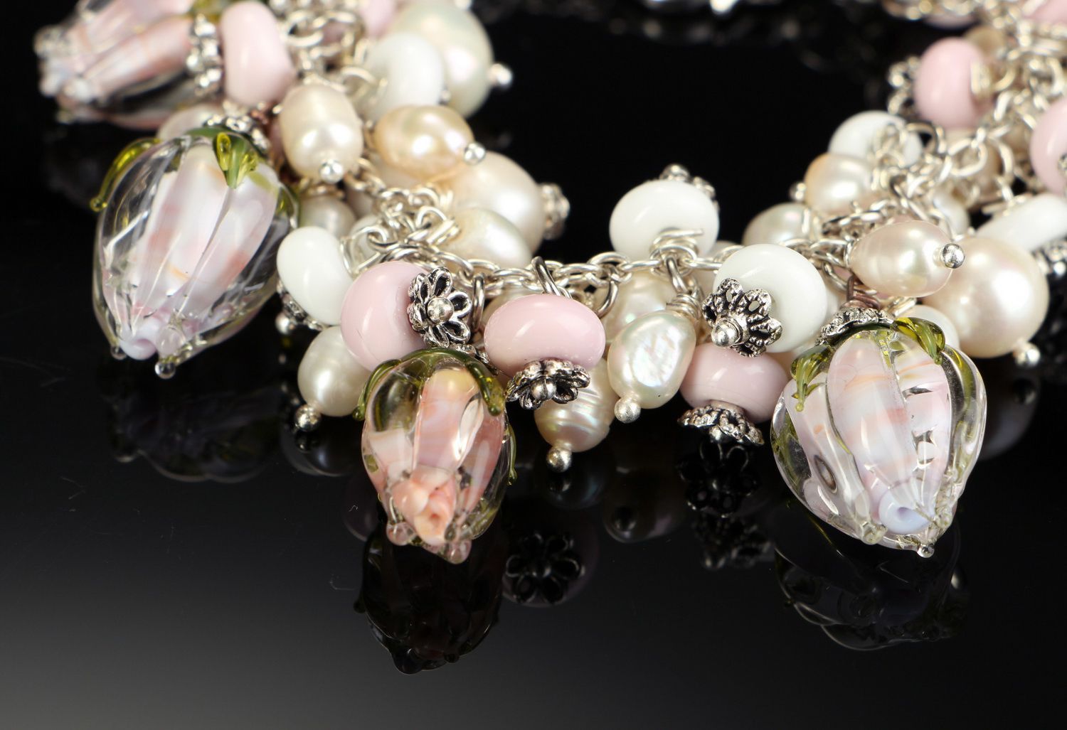 Bracelet en perles et verre Couleur pêche pastel photo 4