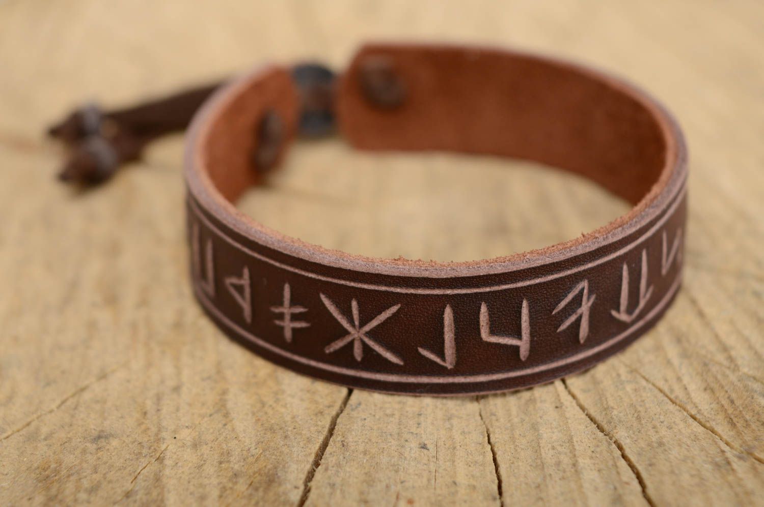 Dark brown genuine leather bracelet with runes photo 1