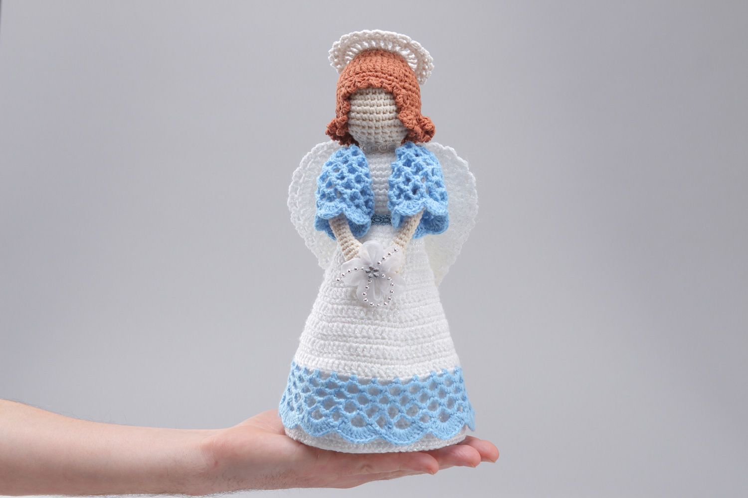 Handmade soft toy angel crocheted of white and blue cotton and acrylic threads photo 4