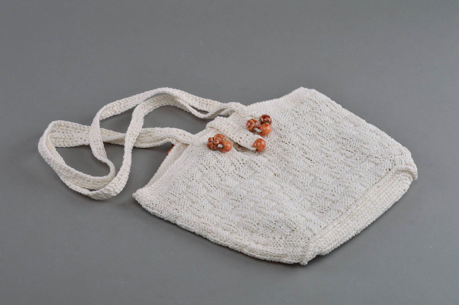 Beautiful women's handmade designer white crochet shoulder bag with beads photo 1