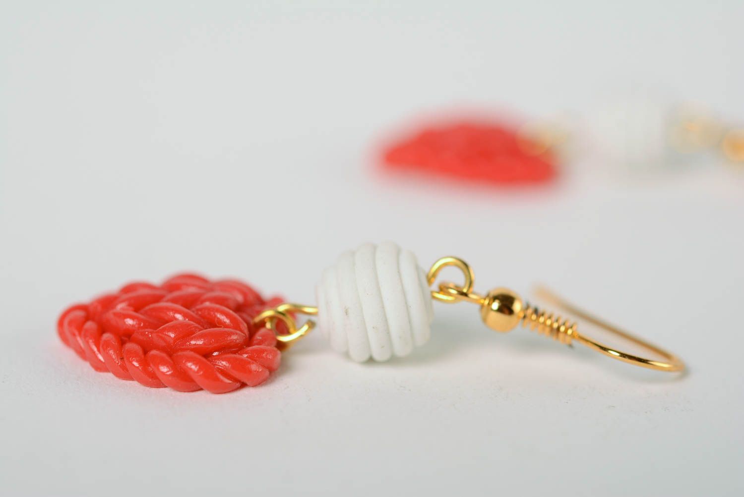 Polymer clay handmade earrings with knitted pattern Red Hearts stylish jewelry photo 5