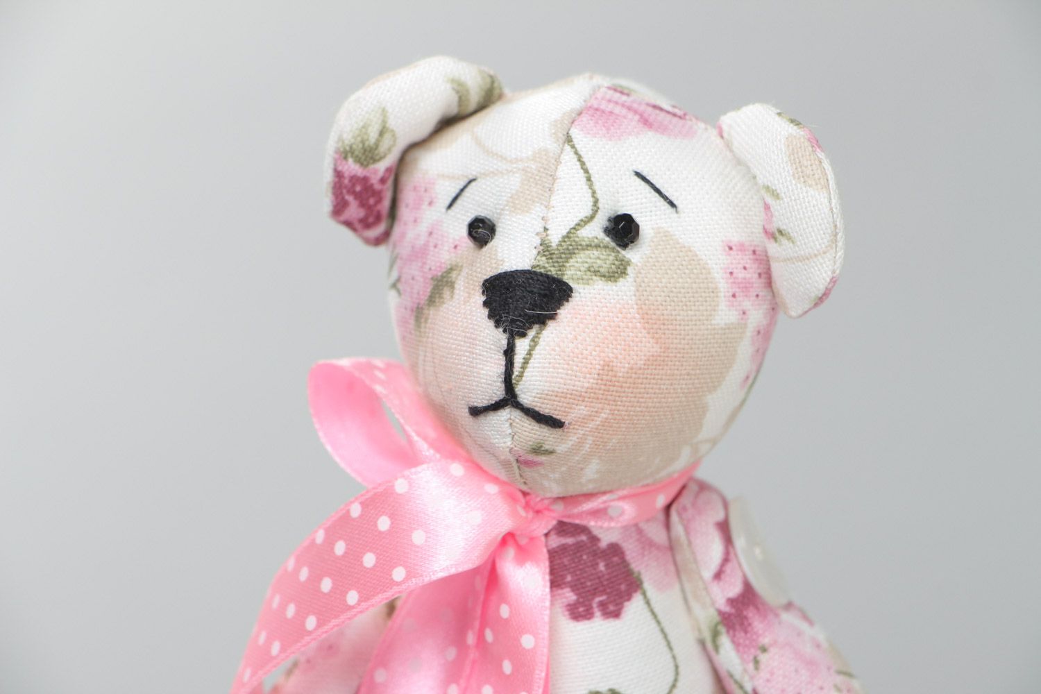 Handmade soft toy bear sewn of cotton fabric with light floral print photo 3