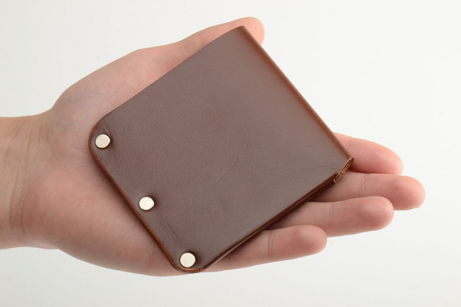 Homemade genuine leather wallet of brown color with laconic design for men photo 5