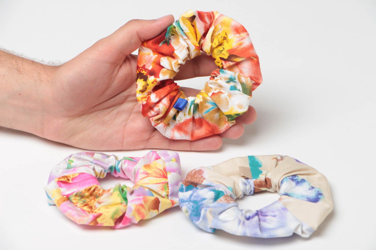 Colorful handmade designer fabric hair ties set 3 pieces  photo 5
