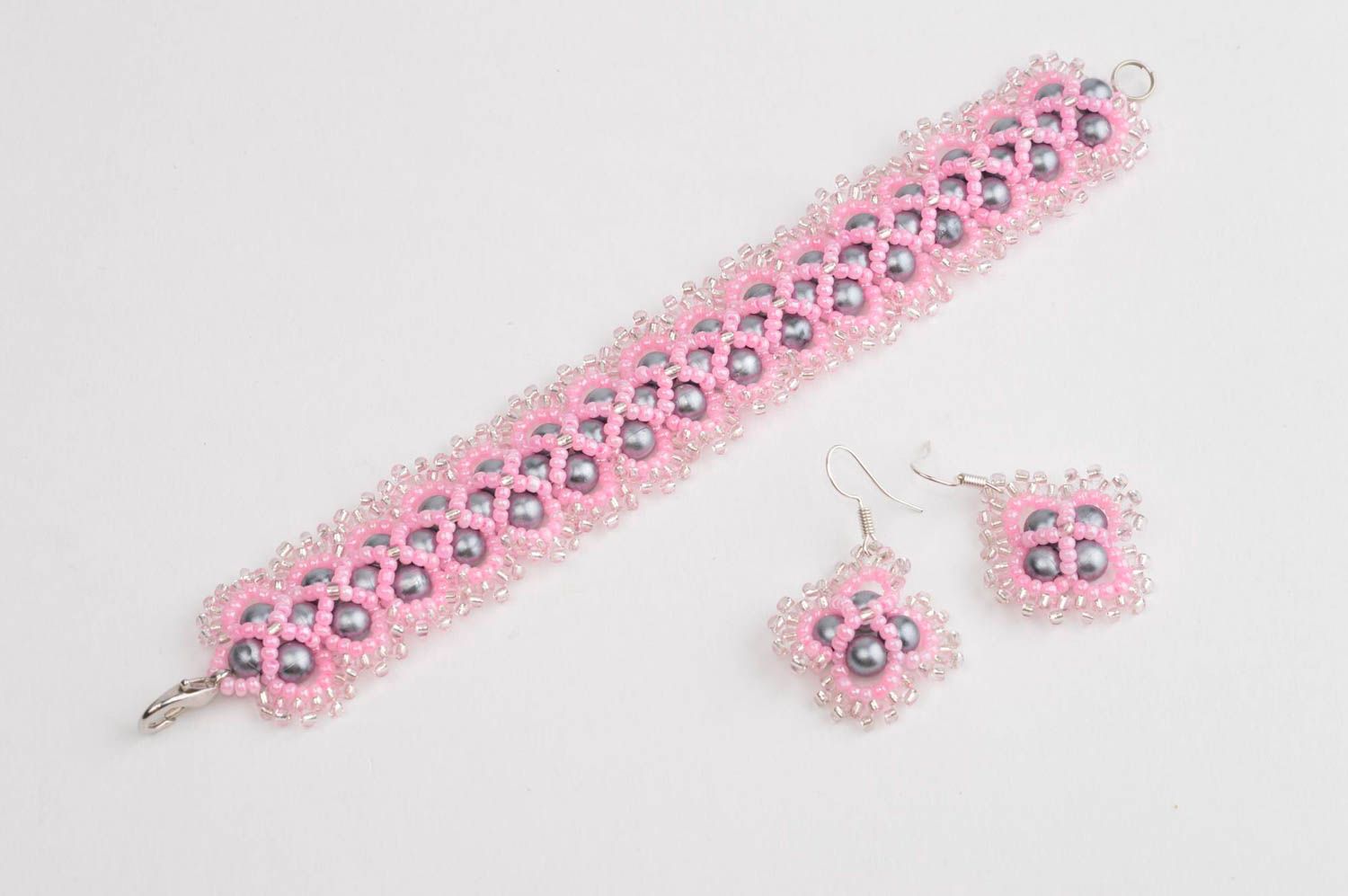 Pink earrings handmade jewelry set designer bracelet beaded accessories for her photo 2