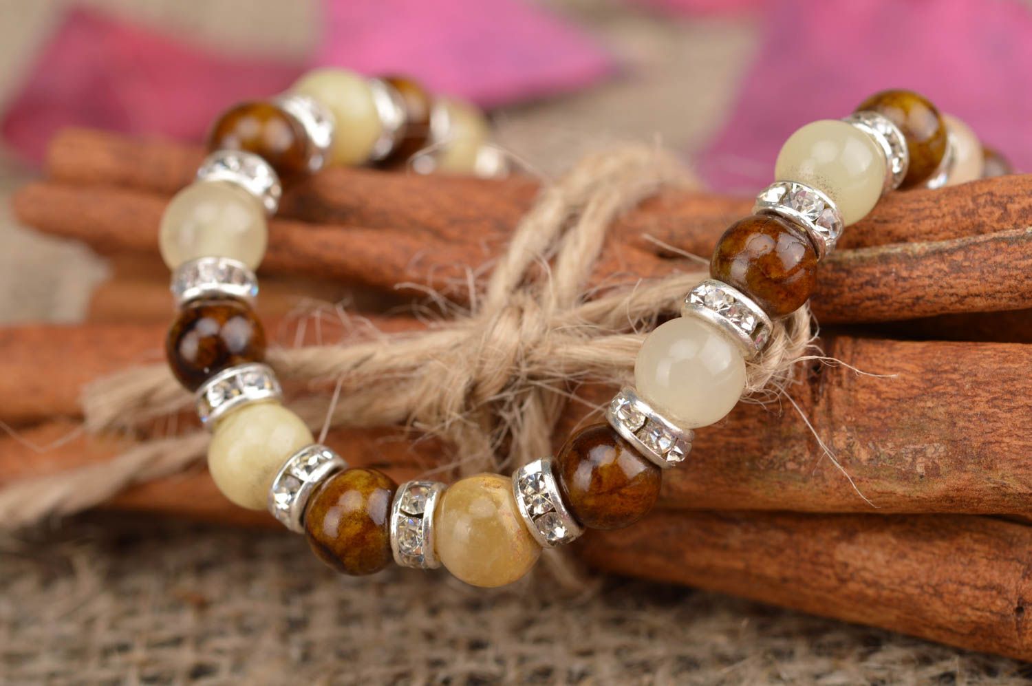 Beautiful handmade stylish women's glass bead bracelet brown and beige photo 1