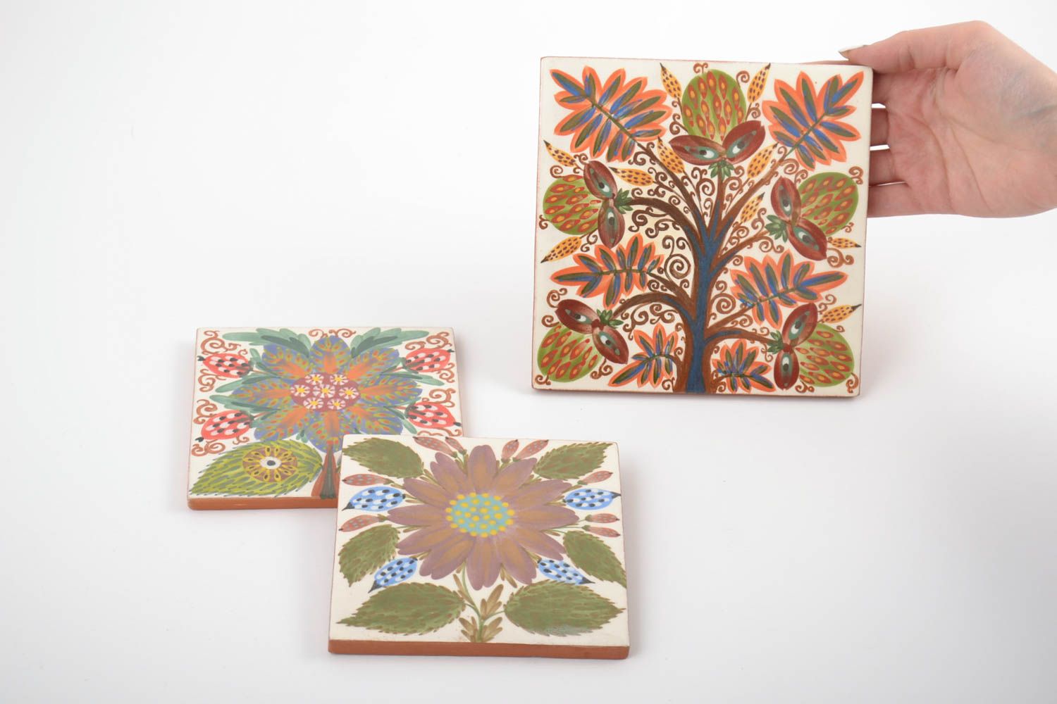 Set of 3 handmade decorative painted colorful ceramic tiles with floral motives photo 2