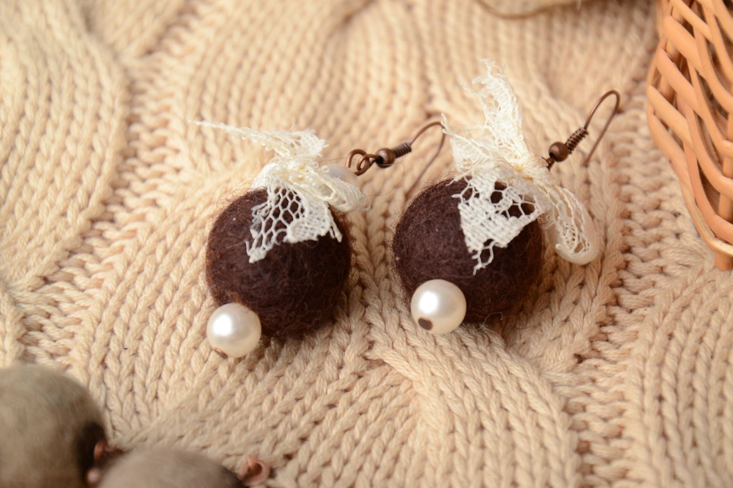 Round felted wool earrings of brown color with pearls photo 1
