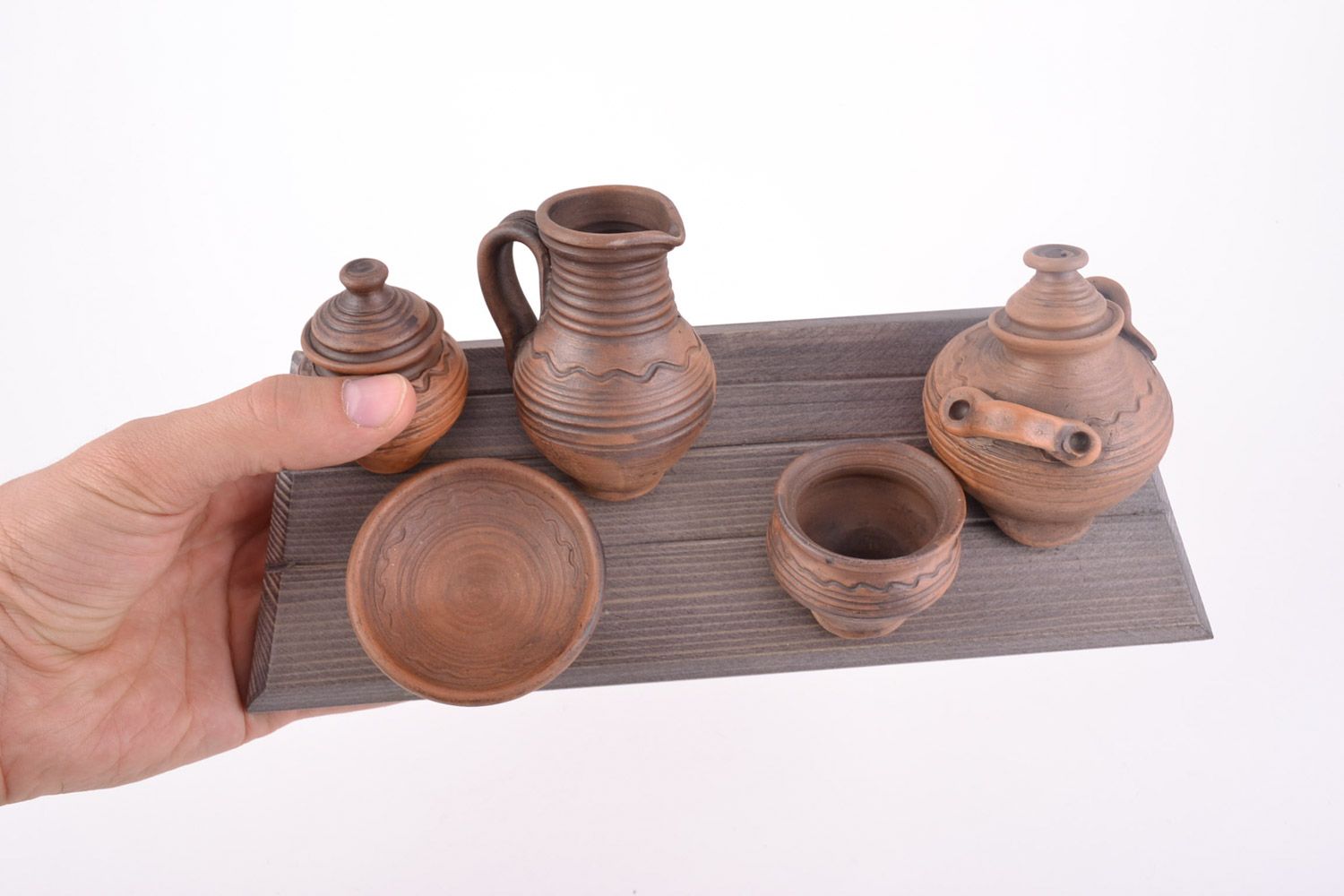 Handmade decorative wooden wall hanging with relief ceramic dishware for kitchen photo 2