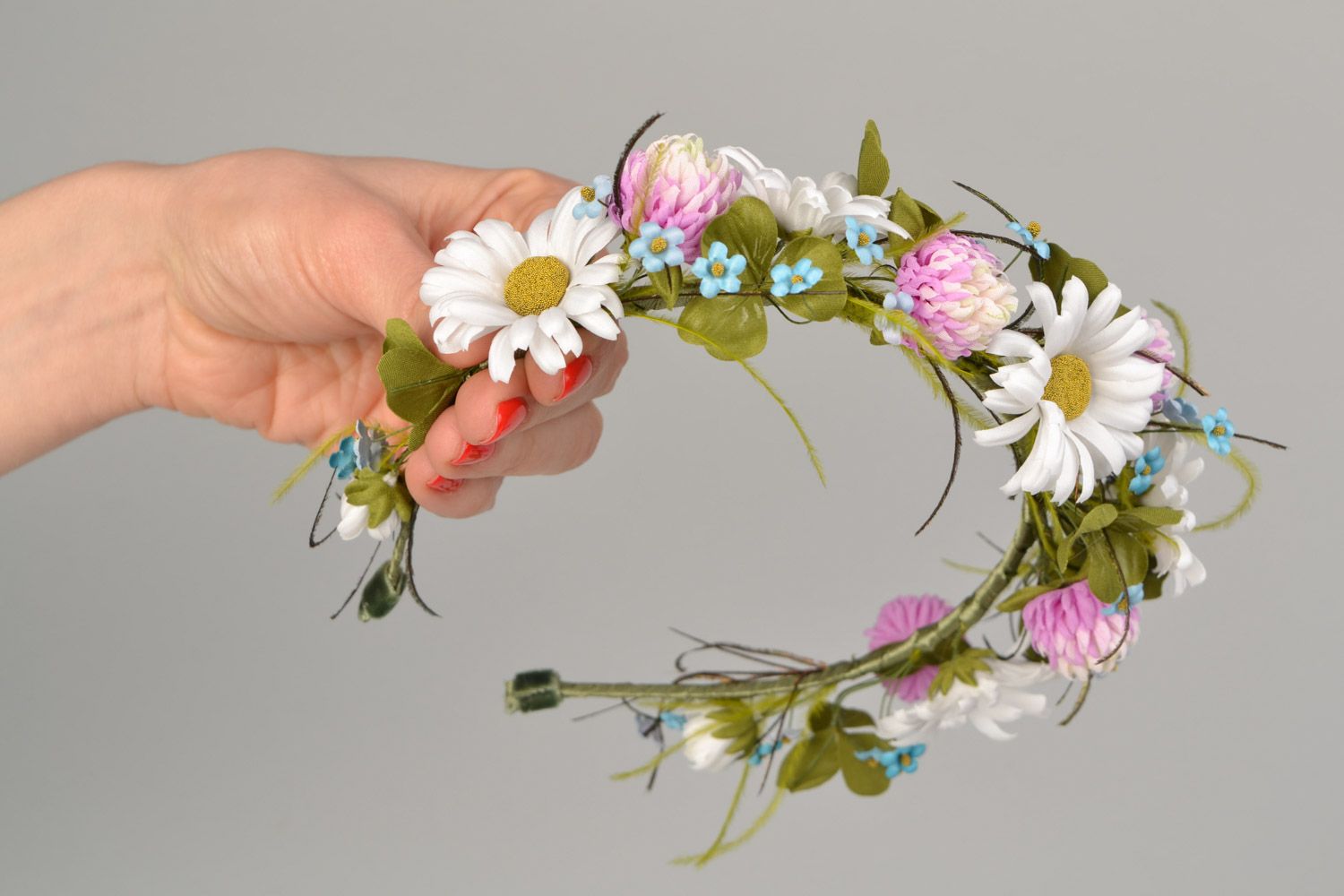 Handmade Haarreif mit Blumen aus Satin und Chiffon mit Straußenfedern für Frauen foto 2