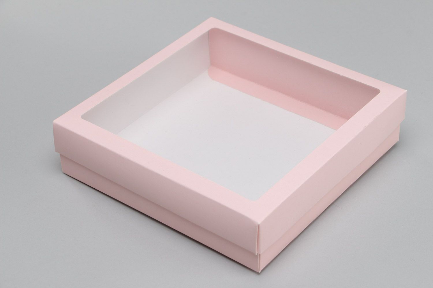 Handmade decorative carton flat gift box of pink color with transparent lid photo 3