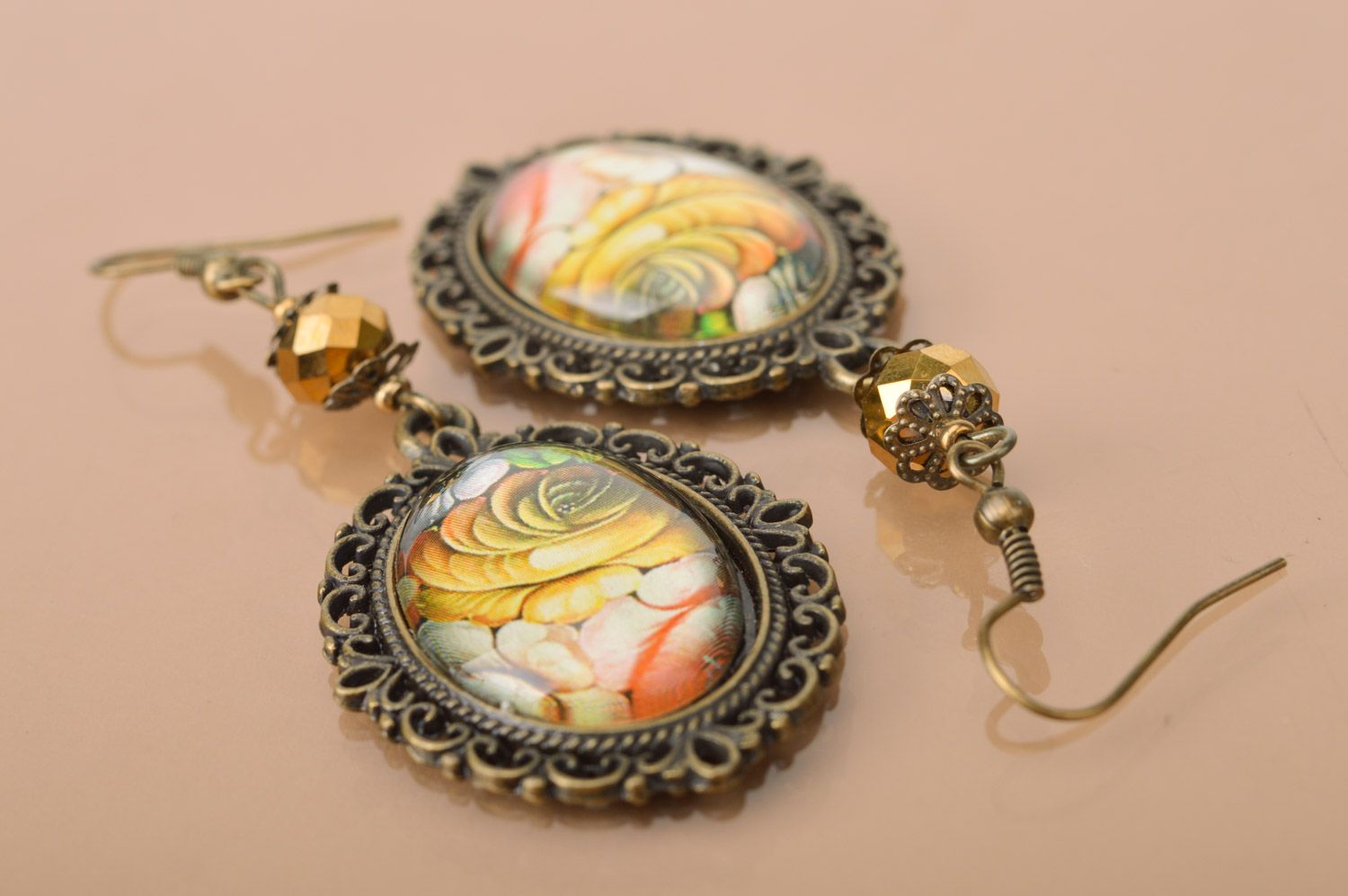 Handmade massive oval dangle earrings with fancy metal basis and beads photo 2