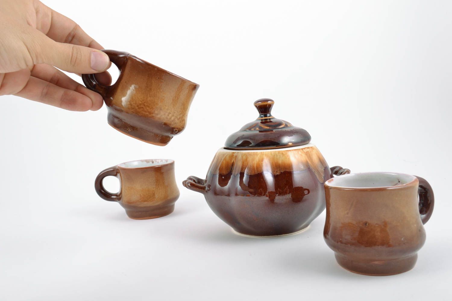 Handmade ceramic tea set glazed sugar bowl 350 ml and 3 cups 150 ml each photo 5