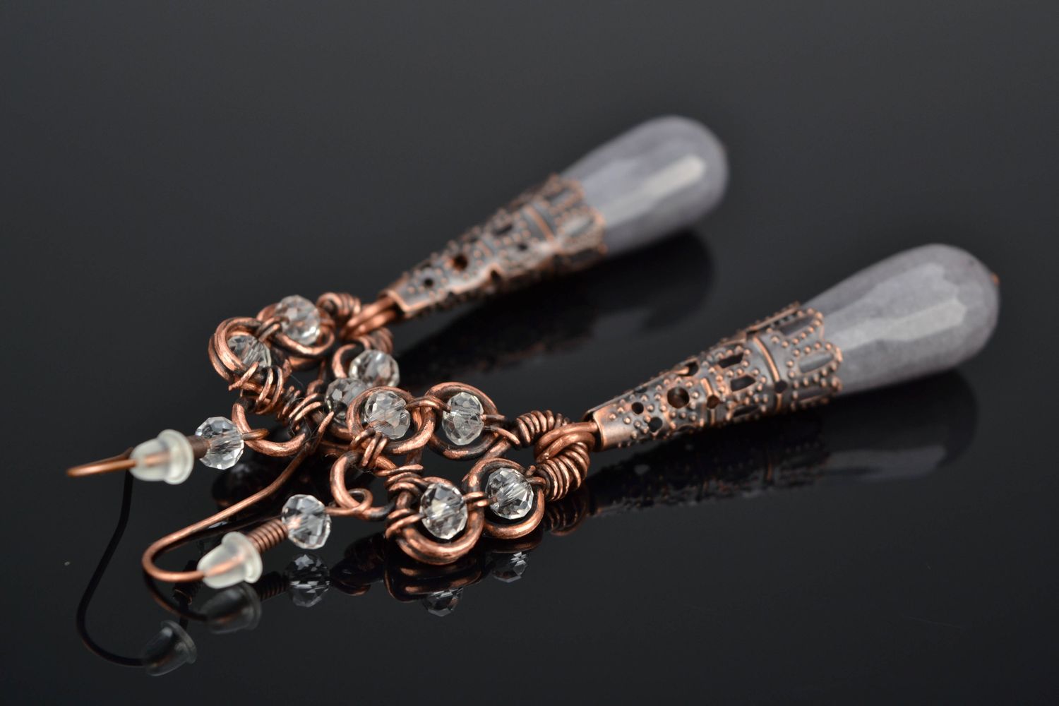 Handgemachte Kupfer Ohrringe Wire Wrap mit Achat und Kristall foto 1