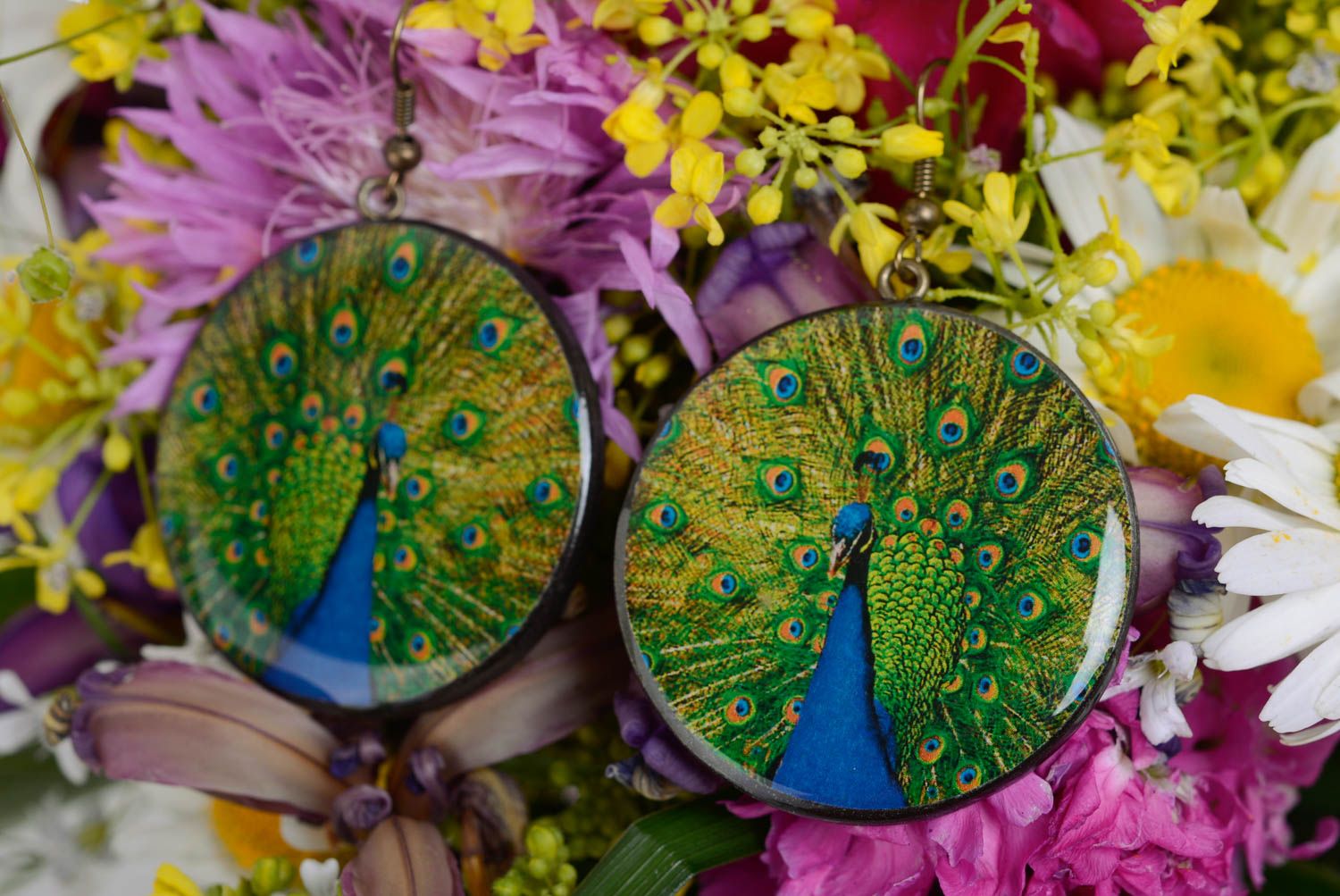 Beautiful handmade decoupage polymer clay round earrings with peacocks photo 1