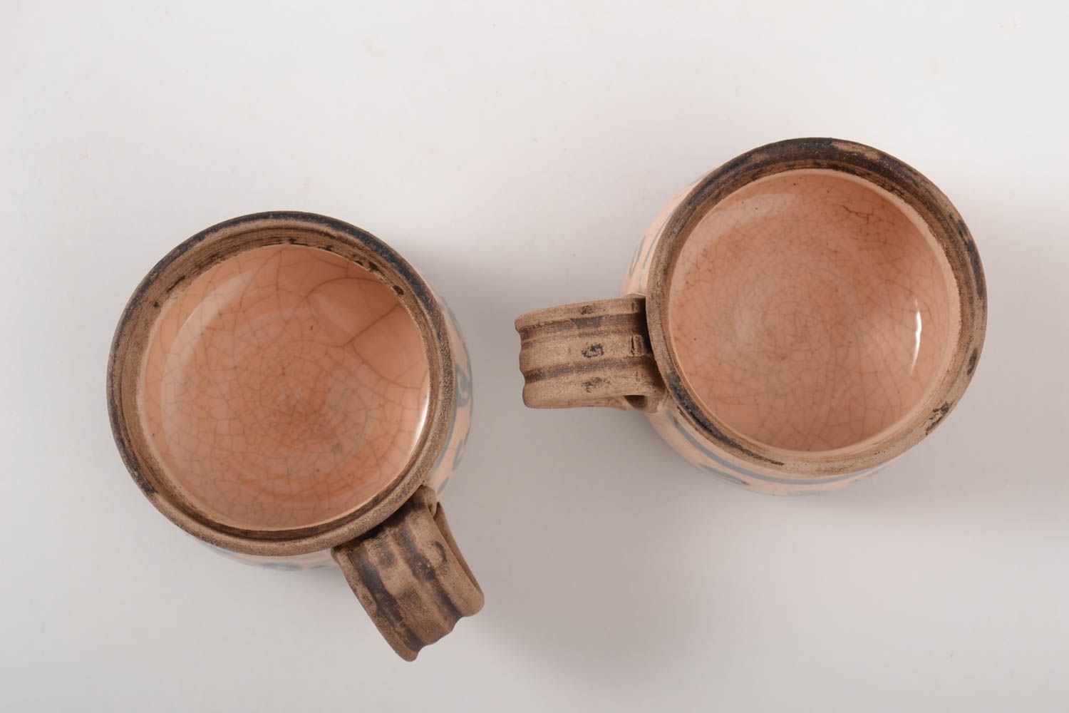Set of 2 two clay glazed espresso cups with handles and old-fashion pattern photo 5