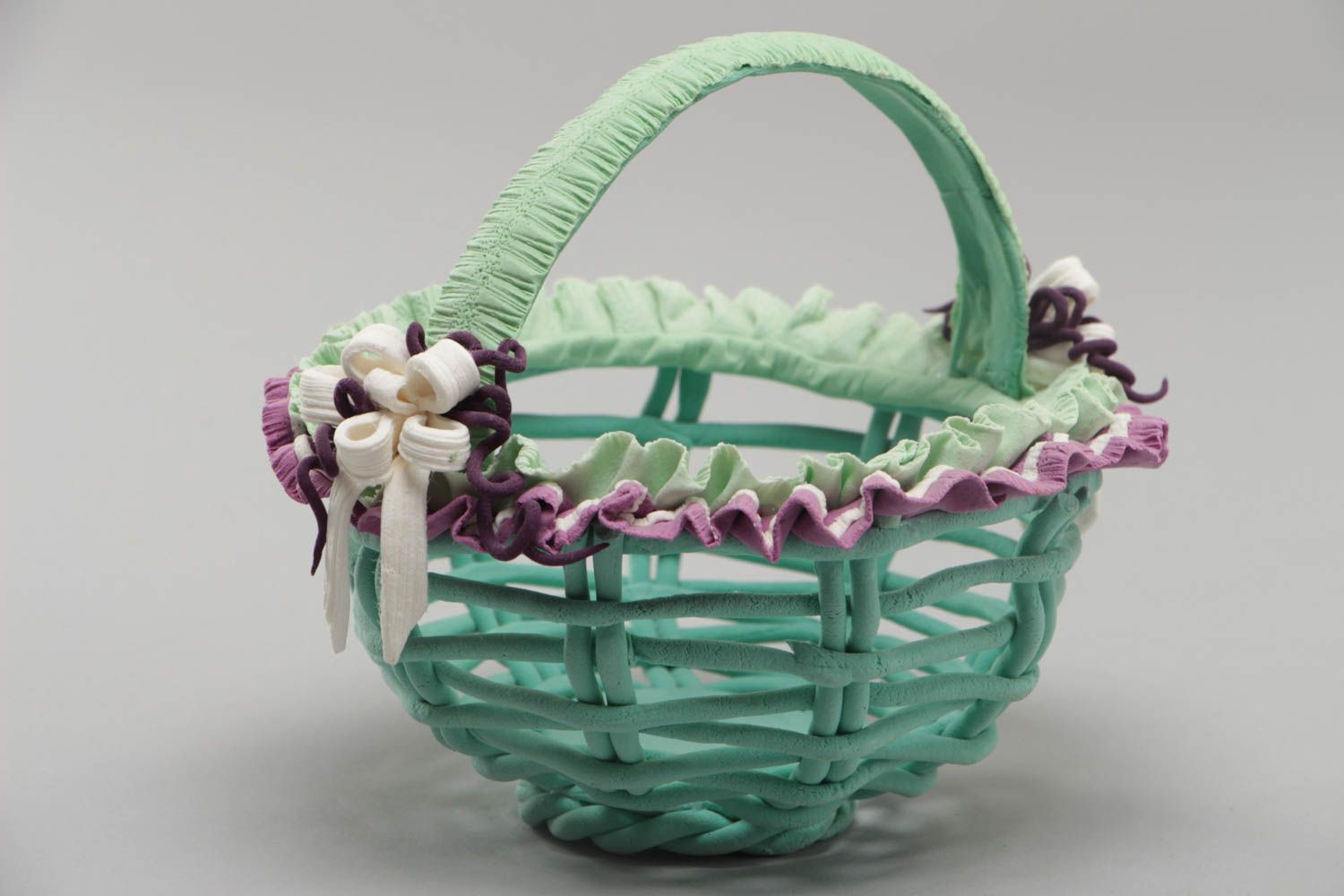 Handmade small decorative polymer clay basket in green and violet colors photo 2