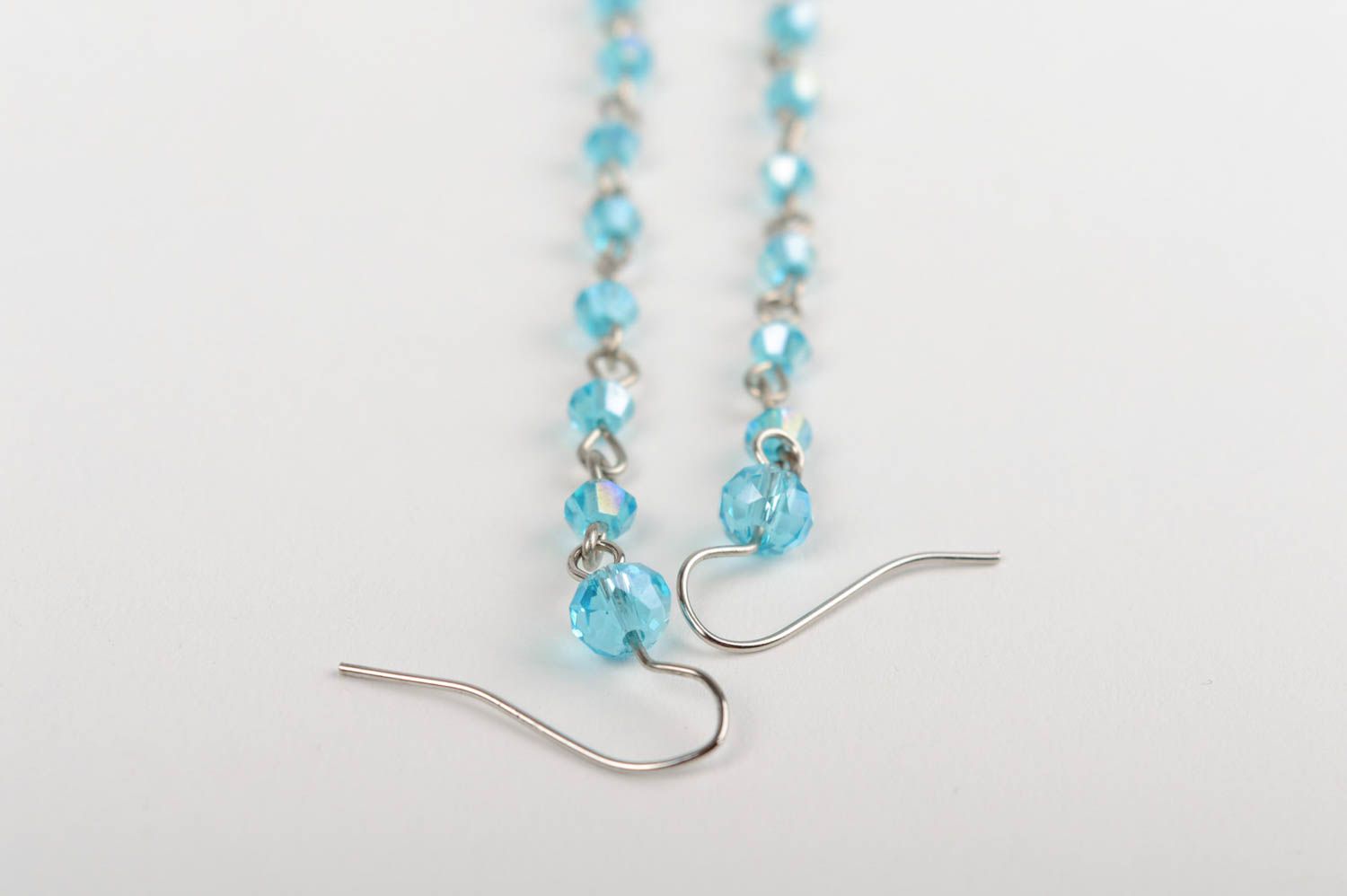 Handmade light blue dangle earrings with Czech crystal beads for ladies photo 4
