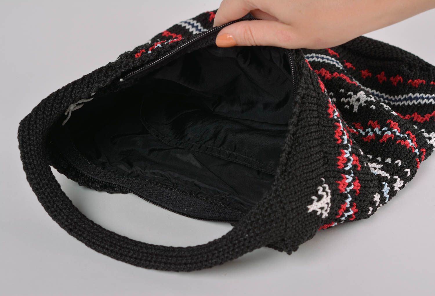 Crocheted female handbag of dark red color with black lining handmade purse photo 4