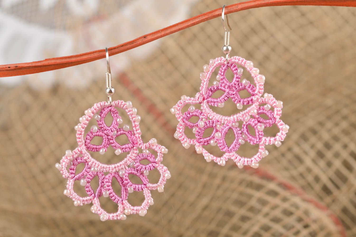 Handmade woven lace earrings textile earrings with beads accessories for girls photo 1
