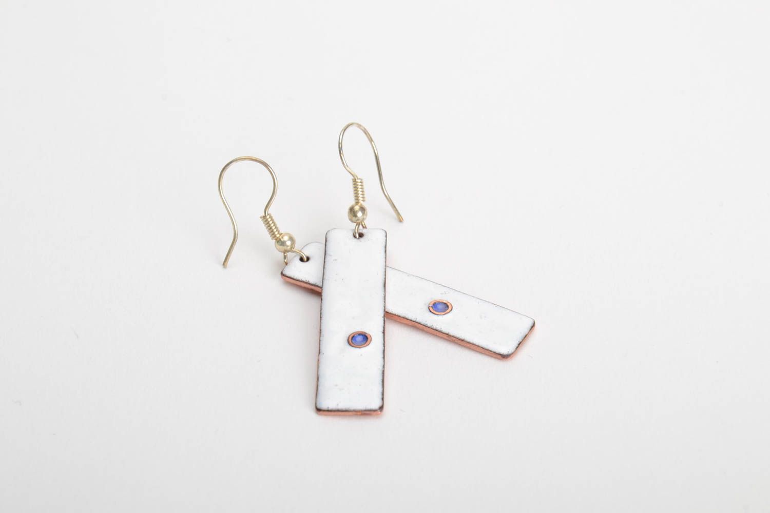 Handmade copper long earrings with charms with white enamel stylish accessory photo 4