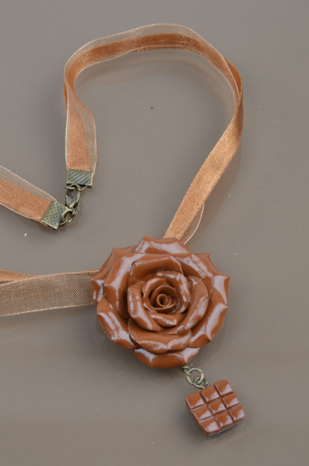 Unusual brown handmade polymer clay flower pendant with ribbons for girl photo 5