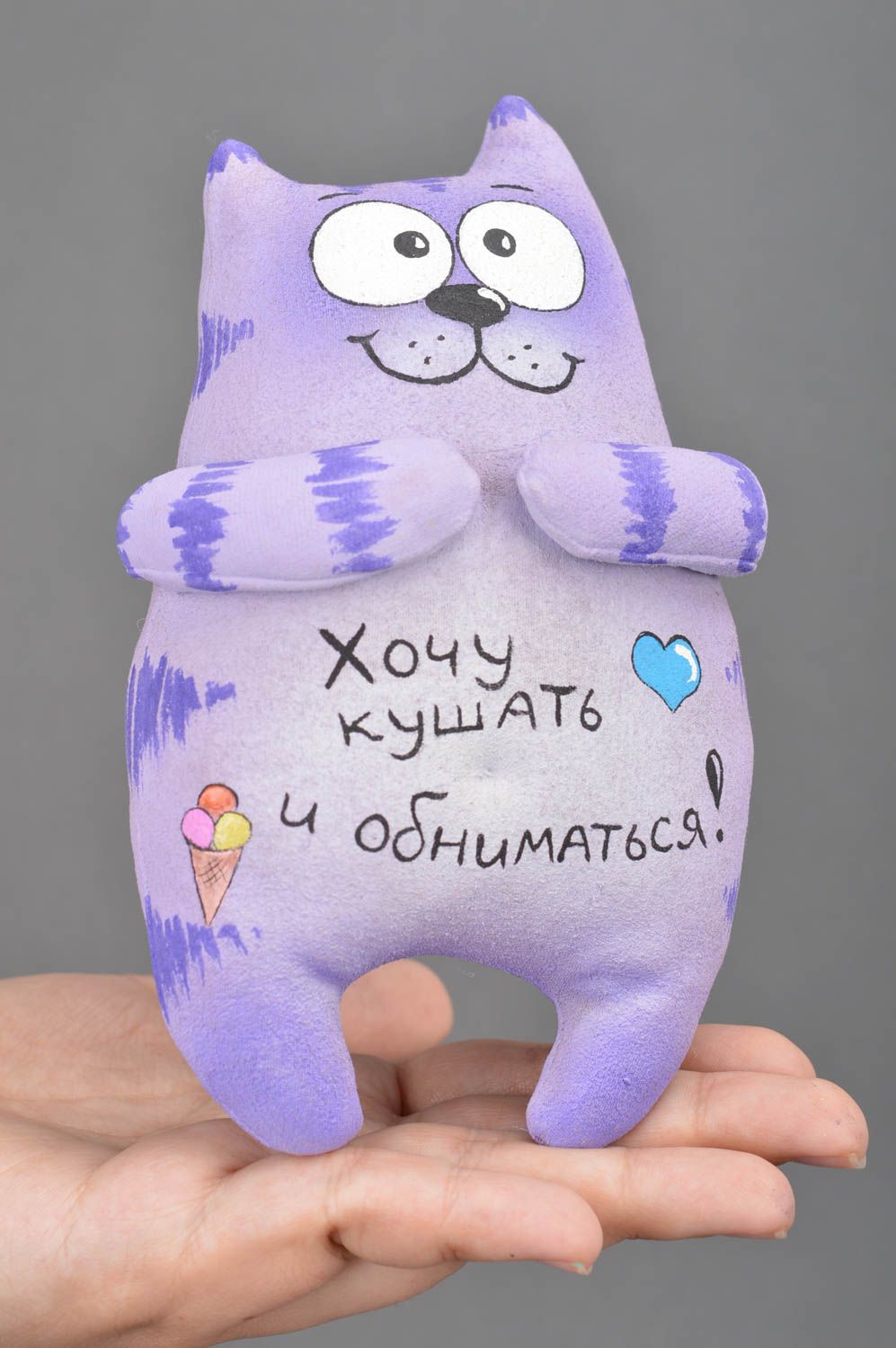 Homemade designer fabric soft toy violet kitten with lettering interior decor photo 3