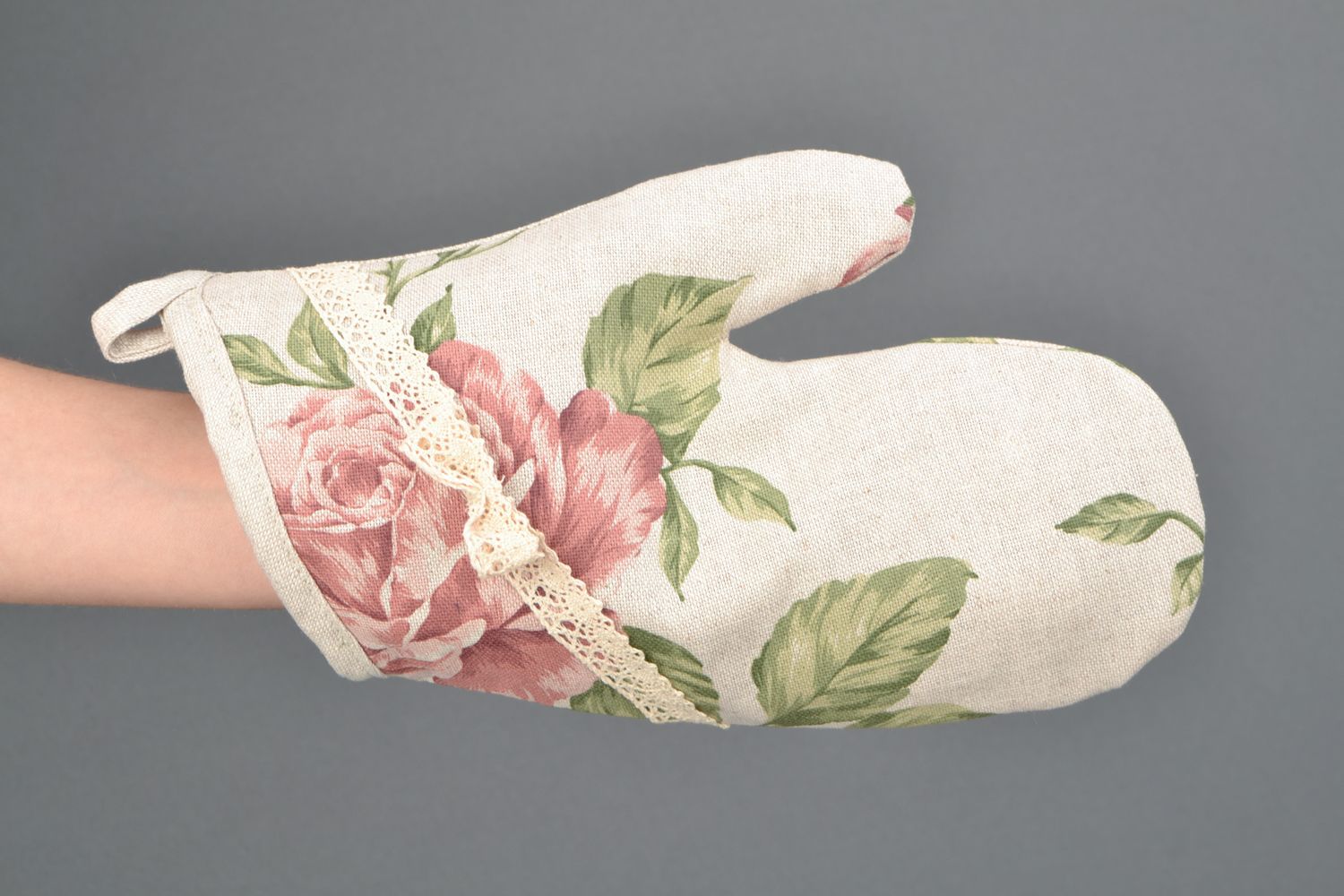 Gant de cuisine en tissu de coton avec imprimé floral et boucle fait main photo 2