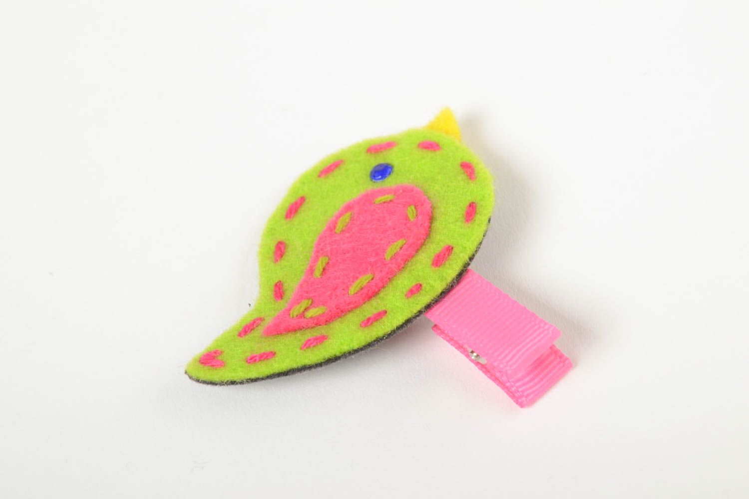 Textile hairpin made of fleece in the form of bird handmade green barrette photo 4