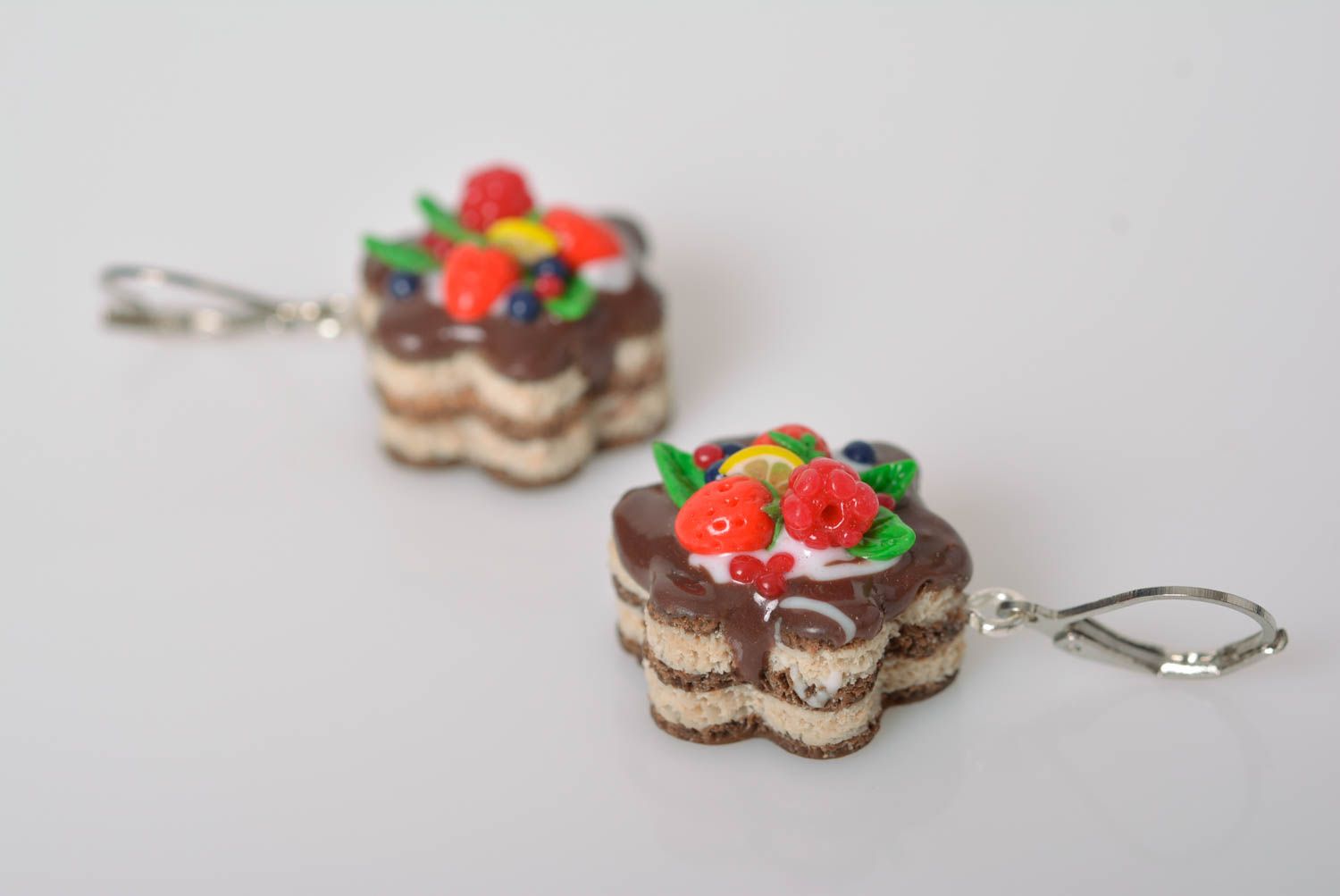 Bright handmade designer polymer clay earrings in the shape of cakes photo 4