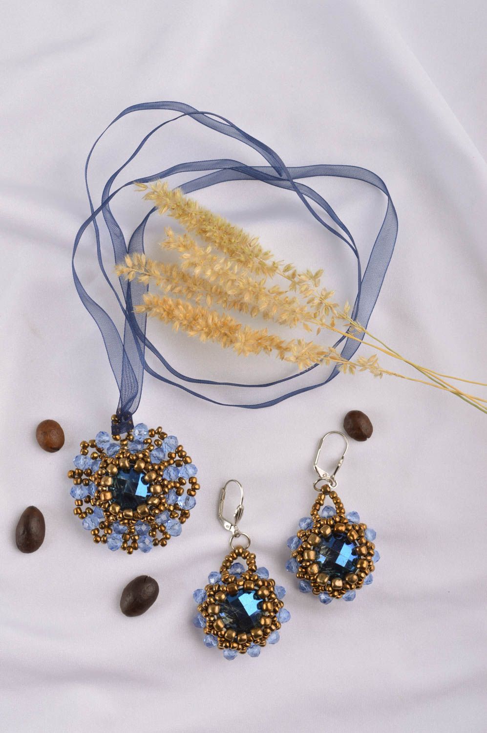 Handmade beaded jewelry set of handmade jewelry long earrings beaded pendant photo 1