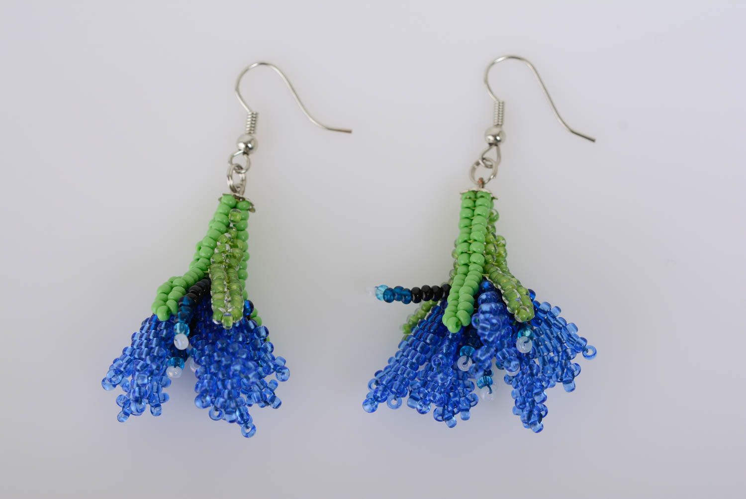 Beaded handmade earrings flowers blue with green beautiful summer accessory photo 3