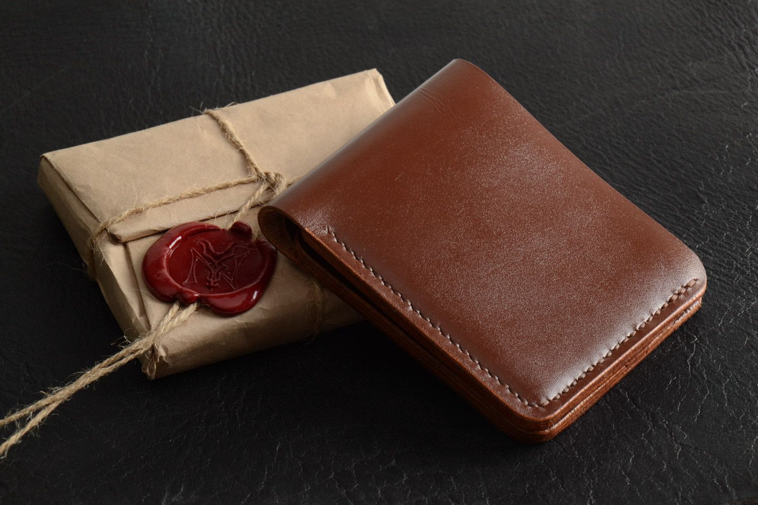 Men's wallet hand made of genuine leather of brown color for 7 departments photo 1