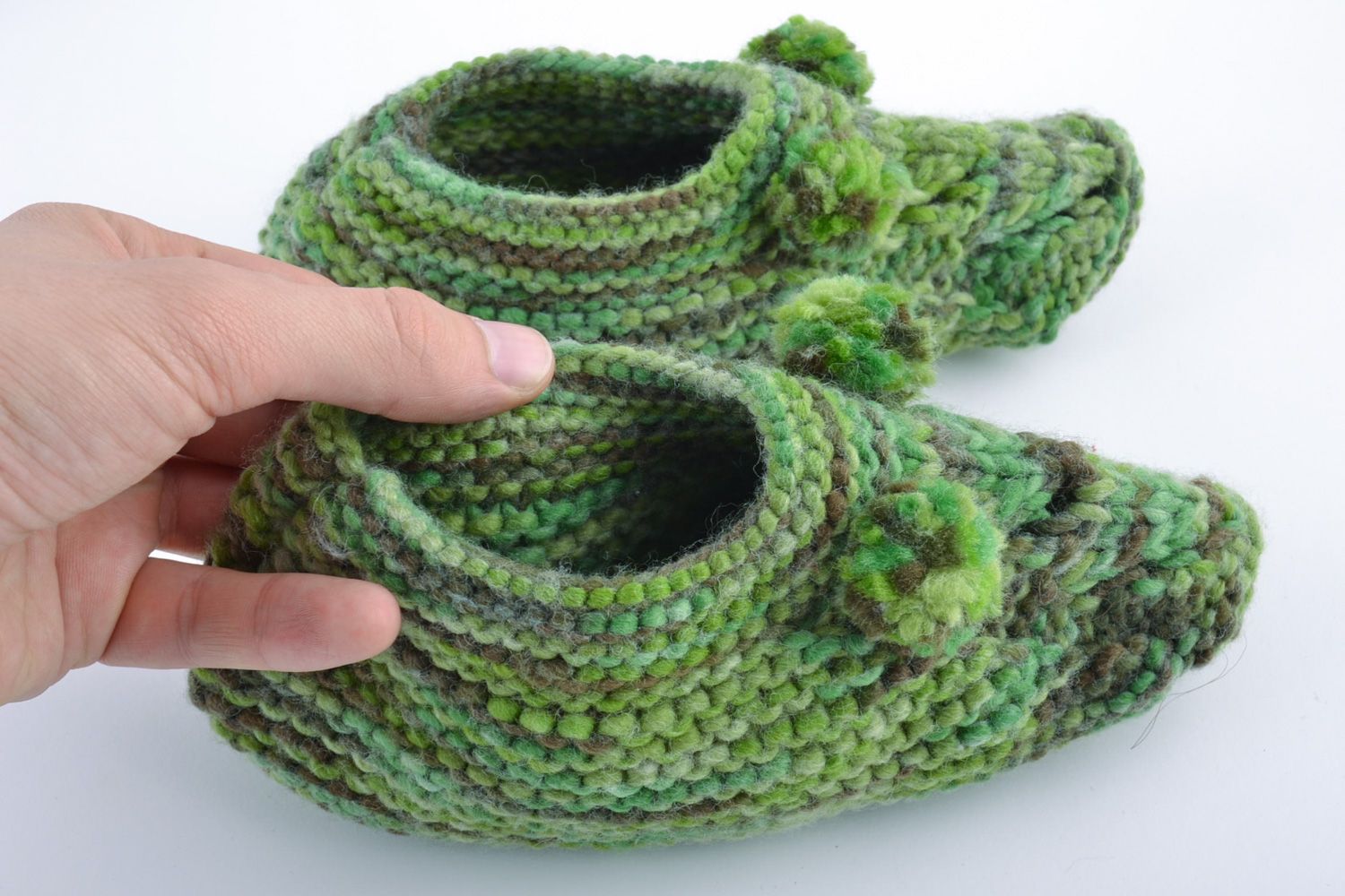 Handmade knitted half-woolen house slippers with pompoms of green color photo 5